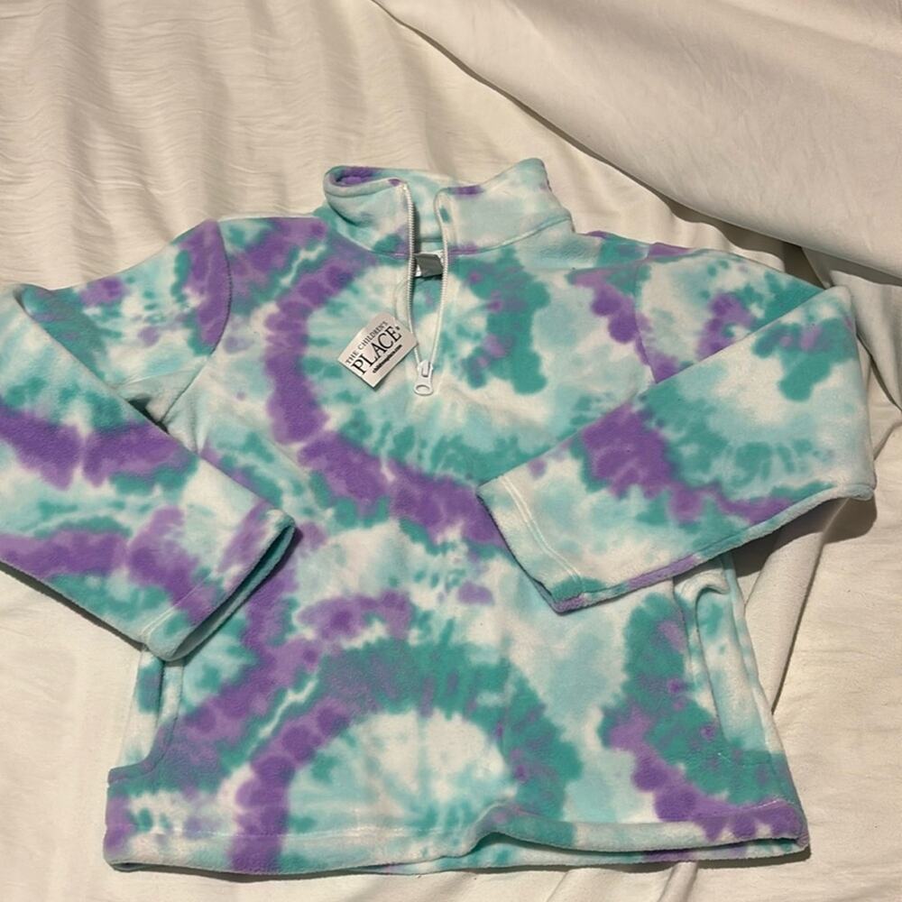 Children’s place 5/6 fleece tie dye half zip white turquoise purple pockets nwt